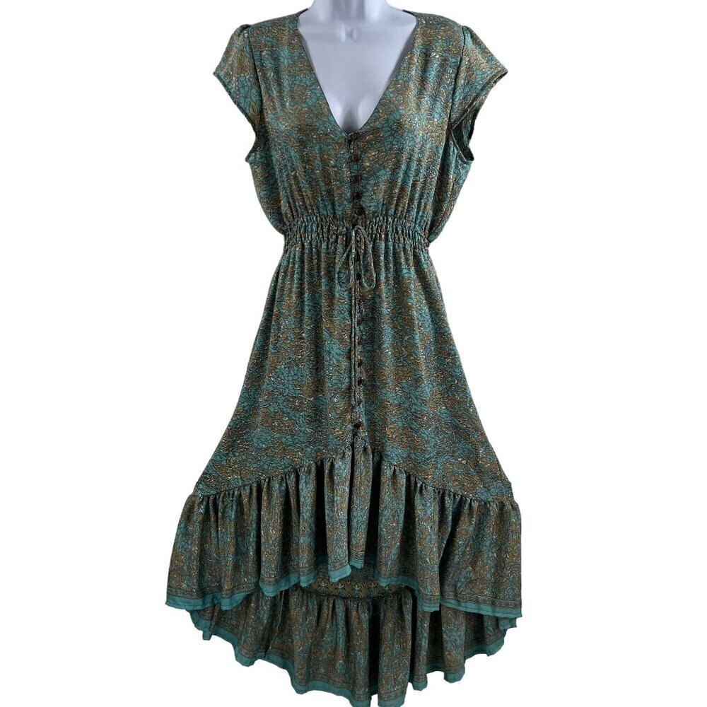 Luck Star Ibiza 100% Silk High Low Button Up Midi Dress Ruffled Hem Unique Print